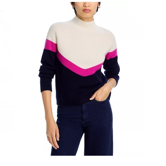 Luxurious 100% Cashmere Color Block Chevron Sweater By Aqua in Ivory / Pink/ Nav - Picture 2 of 6